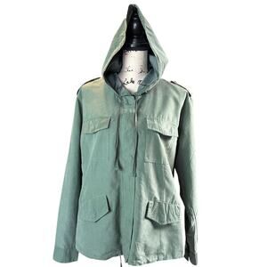 Forever Flower Hooded Jacket Women Size L Olive Green Military Zip Style Utility